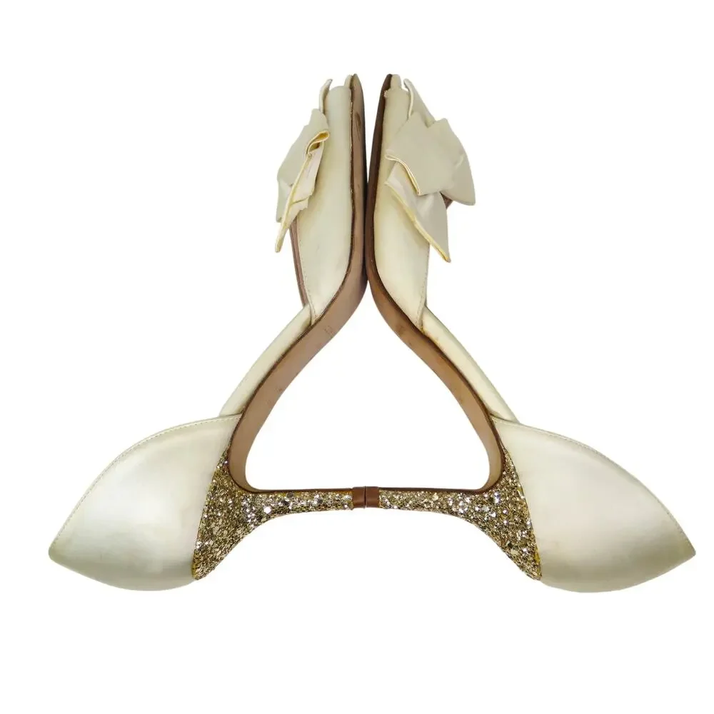 Kate Spade New York Sala D'Orsay Pump Heels Ivory Satin Bow Glitter Heel Size 7